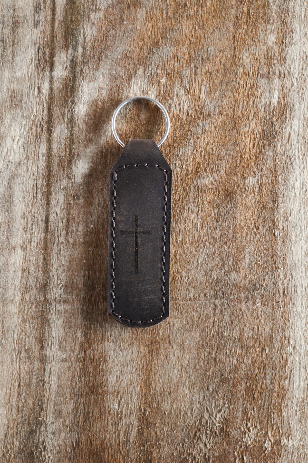 Cross Key Fob Engraved Leather